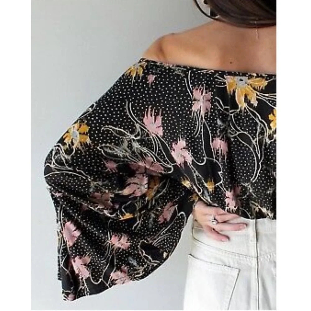 FREE PEOPLE One Last Time Bellsleeve Floral Cropped Boho Wrap Blouse Top - Picture 5 of 12